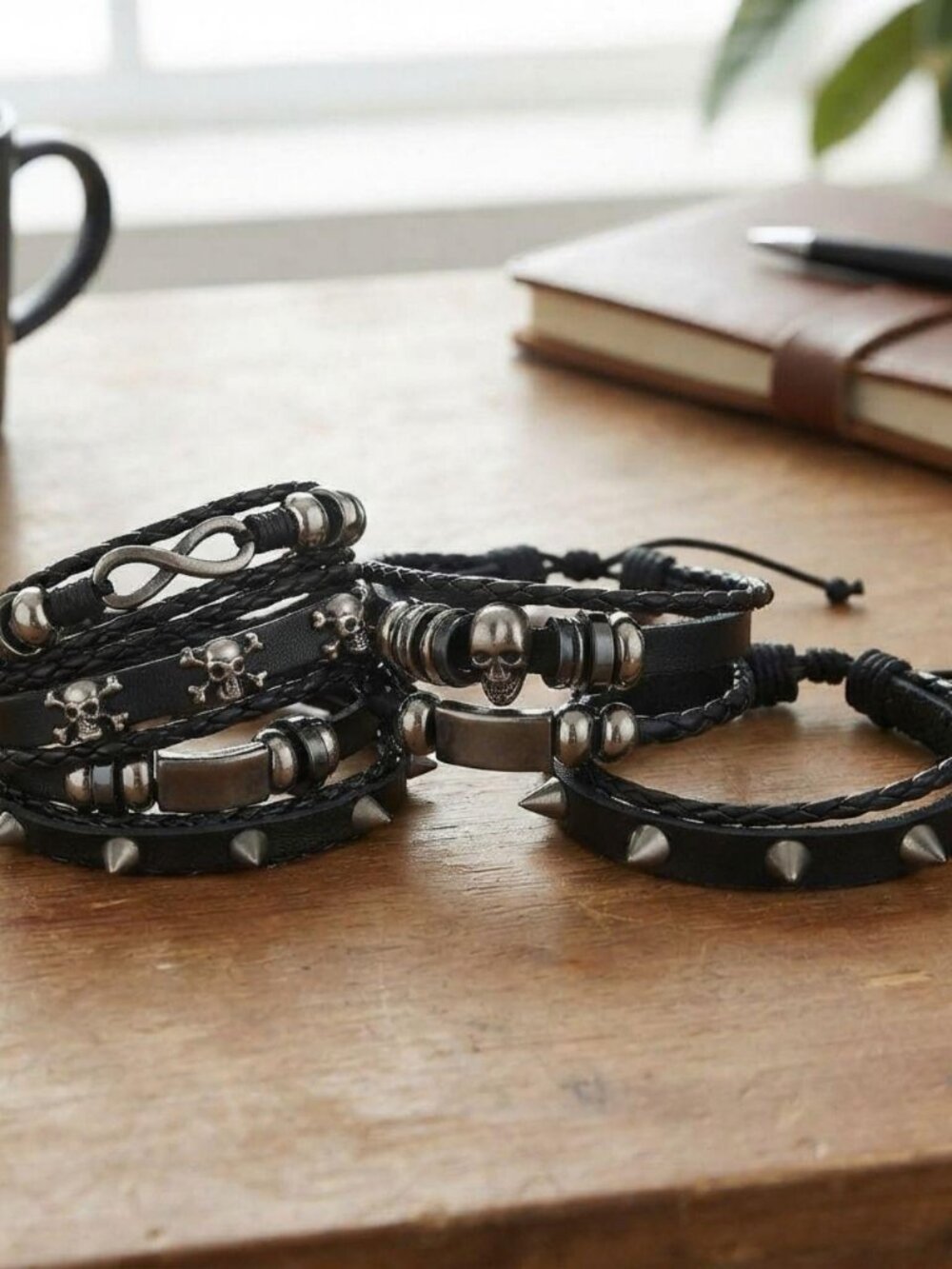 Mens 5pcs gothic black skull leather bracelet set